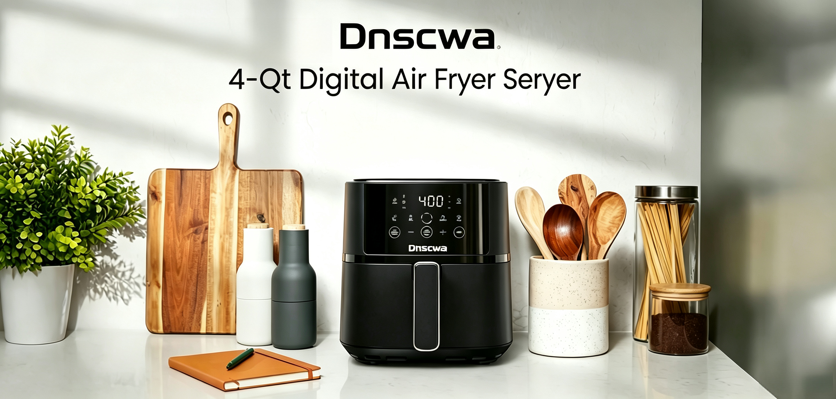 Dnscwa 4-quart digital air fryer on a kitchen counter